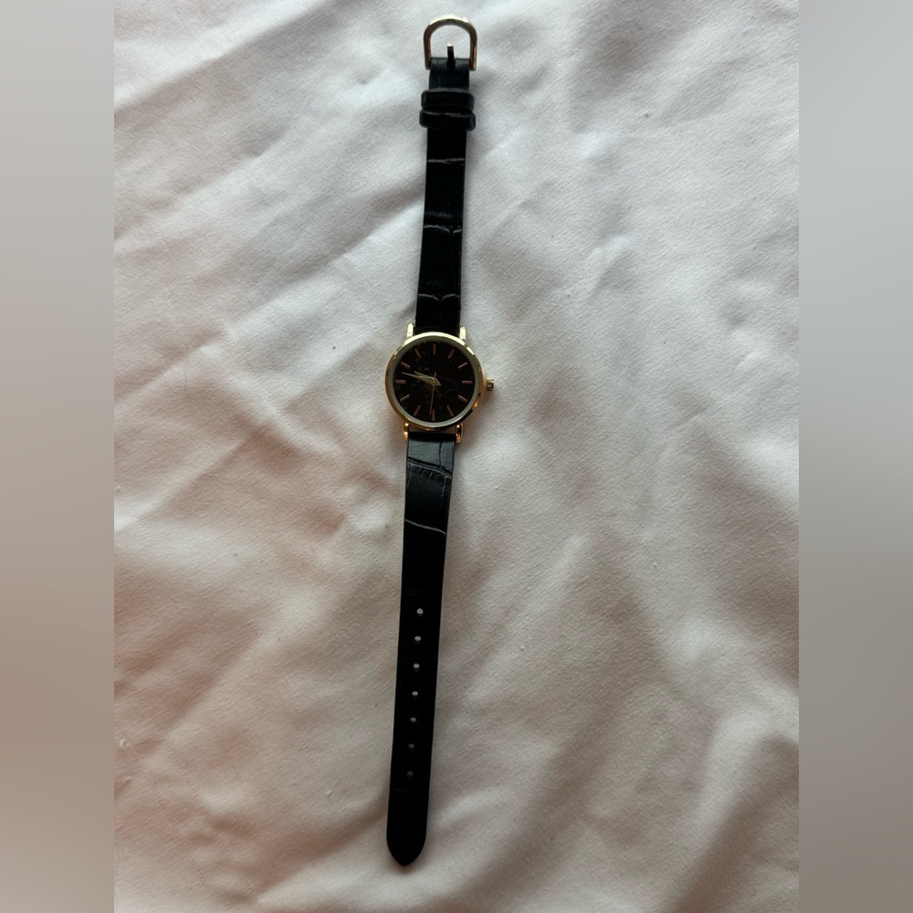 Gold-Tone Watch w Black Simulated Leather Strap